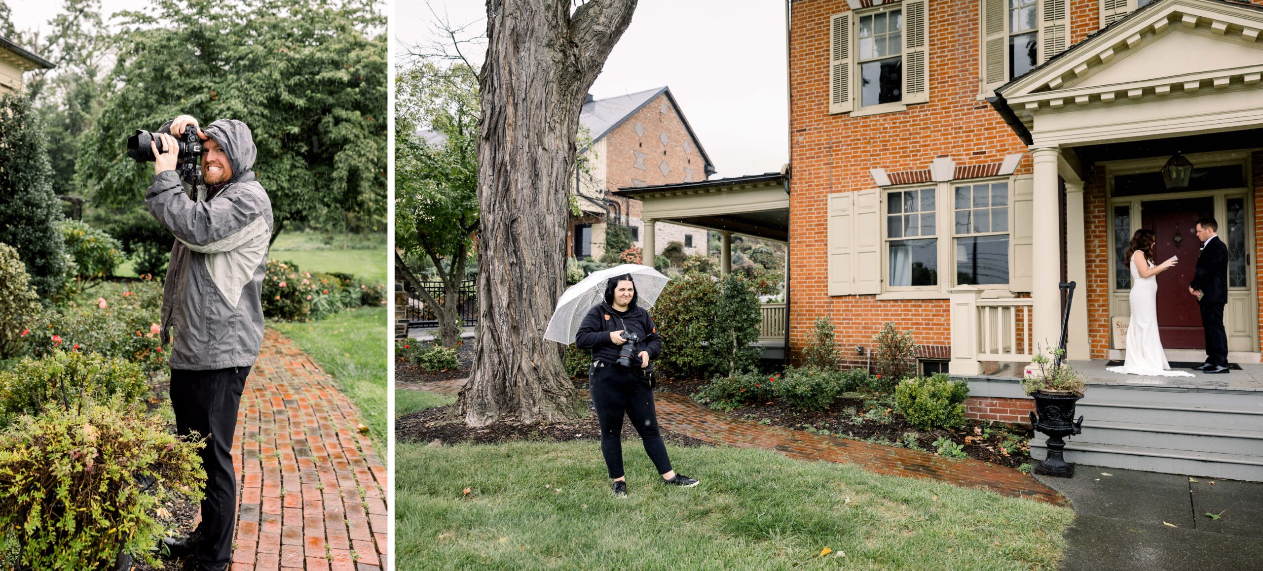 Wedding photographers shooting in the rain while the couple stays dry on the porch at Bentley Farms