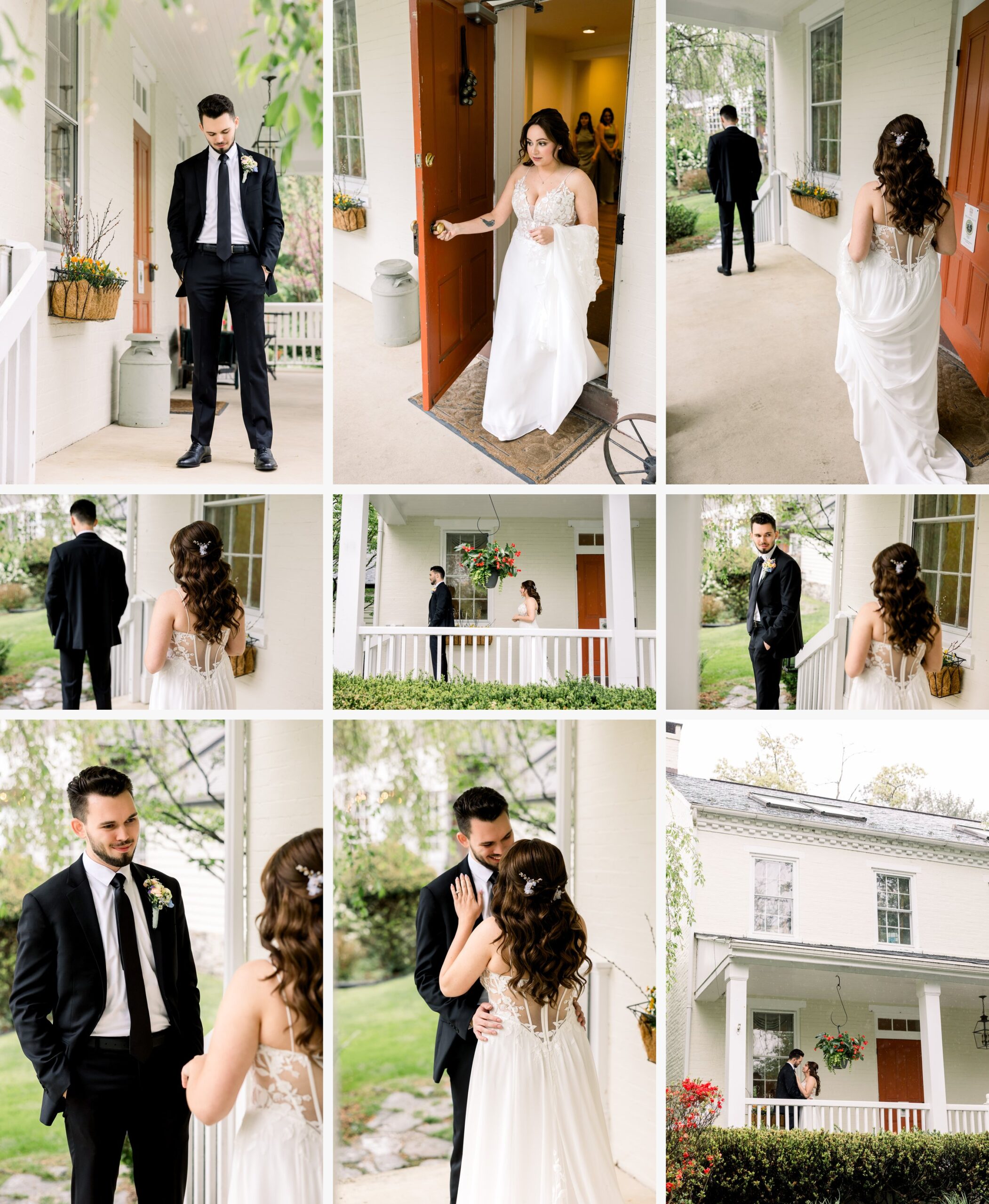 Bride + Groom's first look on the covered porch at Riverdale Manor on a rainy wedding day